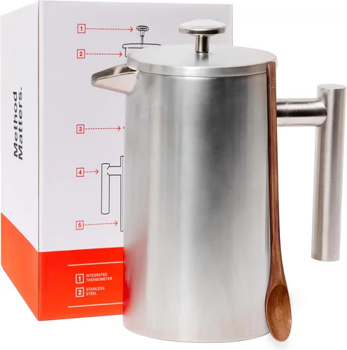 Barista Warrior Prensa francesa con termómetro, prensa de café aislada, cafetera de acero inoxidable (1.0L, 34 onzas líquidas, plateado)