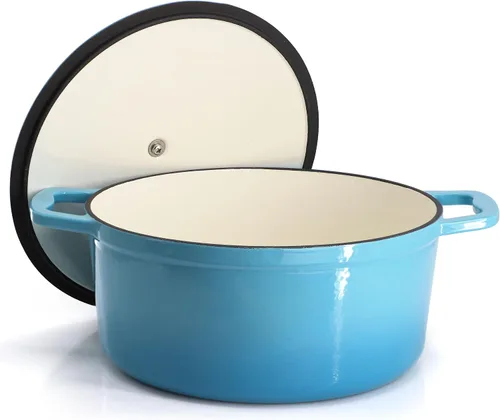Miniatura 3 de MegaChef Cazuela redonda de hierro fundido esmaltado con tapa, 5 cuartos de galón, azul