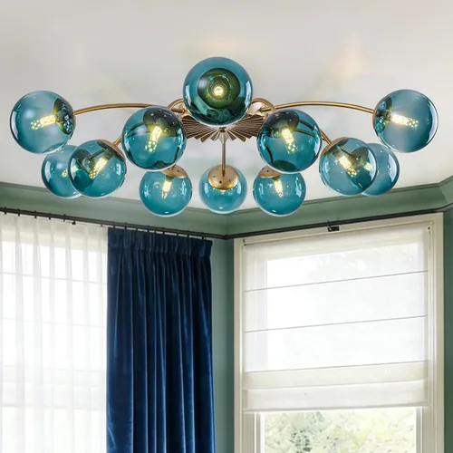 Miniatura 14 de Candelabros Sputnik dorados con globo de vidrio azul, lámpara de techo empotrada con 3 luces de acento de flor de mediados de siglo, candelabros