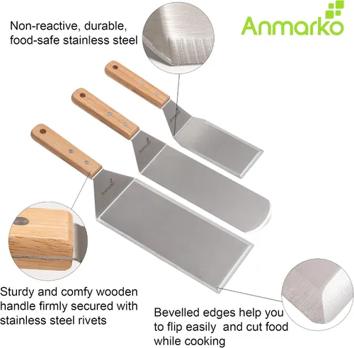 Miniatura 2 de Juego de espátulas de metal para hamburguesas de acero inoxidable, espátula para parrilla de barbacoa, parte superior plana Juego de mango de madera