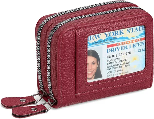 Miniatura 9 de RNIEGA Cartera pequeña de piel con bloqueo RFID para tarjetas de crédito, cartera pequeña para mujer, doble cremallera con ventana de identificación