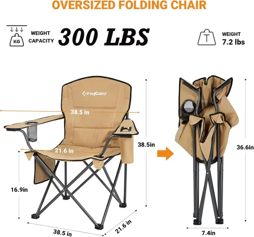 Miniatura 2 de KingCamp Paquete de 2 sillas de campamento de gran tamaño para adultos, sillas plegables resistentes de 300 libras, silla de campamento acolchada