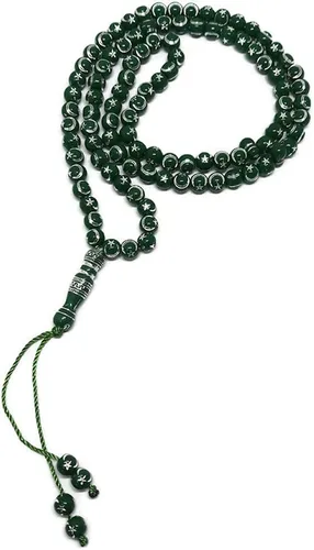 Tasbih musulmán - Rosario de 99 cuentas AMN-238 con estrella lunar grabado en religioso islámico Eid Ramadán Verde