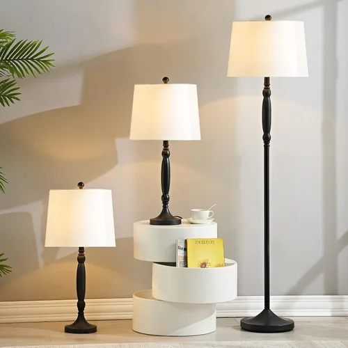 Miniatura 5 de Maxax Juego de 3 lámparas de mesa y lámpara de pie, lámparas tradicionales con pantalla de tela de lino blanco para sala de estar, dormitorio, sala