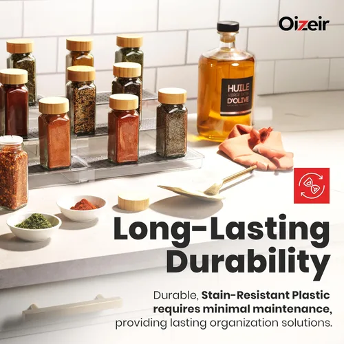 Miniatura 6 de Oizeir Estante organizador de especias expandible – 3 niveles – Estante transparente ajustable para organización de especias para armario de cocina