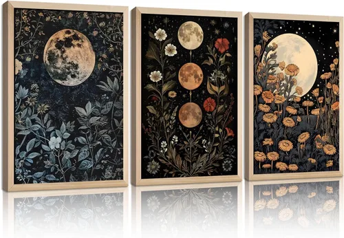 3 piezas enmarcadas de plantas de fase lunar en lienzo, arte de pared retro con diseño de flores de luna, impresión de póster con imagen celestial