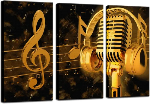 Biuteawal - Pinturas artísticas musicales, arte de pared, micrófono de metal dorado y auriculares, nota de imagen, lienzo con impresión giclée,