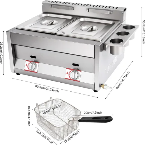 Miniatura 2 de Freidora comercial de gas, 2 freidora de gas de acero inoxidable de 6.34 cuartos de galón, freidora de gas con 2 cestas para restaurantes y puestos