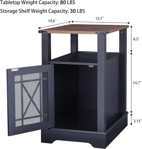 Miniatura 2 de Mesa auxiliar con estación de carga, mesita de noche de granja para sala de estar, mesita de noche negra para muebles de dormitorio, armario