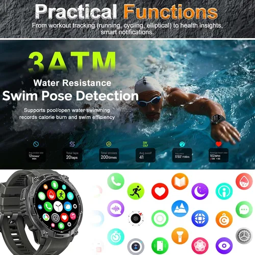 Miniatura 7 de Relojes inteligentes militares para hombres (respuesta/hacer llamadas) con GPS de 1.43 pulgadas HD, reloj inteligente táctico al aire libre