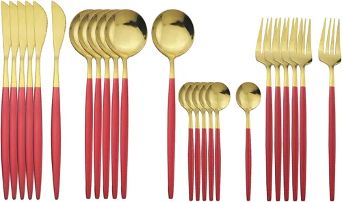 Miniatura 13 de Juego de cubiertos dorados con mango blanco, 24 piezas de acero inoxidable brillante, cubiertos para 6, aptos para lavavajillas Mango blanco dorado