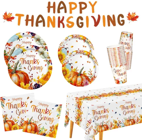 Miniatura 8 de Kit de suministros para fiestas temáticas de otoño, sirve 25, vajilla desechable de cosecha de otoño incluye: platos llanos de papel, platos