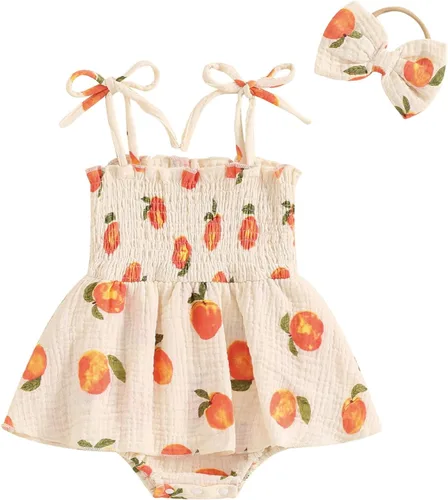 Miniatura 104 de Mameluco para bebés y niñas de 3, 6, 9, 12, 18 meses, enterizo de manga corta, fruncido, faldas y dobladillo, diadema