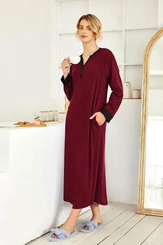 Miniatura 5 de Ekouaer Camisón largo para mujer con cuello en V, ropa de dormir de longitud completa con bolsillos
