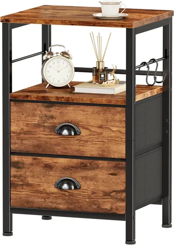 Miniatura 10 de Furologee Juego de 2 Mesitas de Noche, Mesita de Noche con 2 Cajones de Tela, Mesa de Cabecera con Estante Abierto, Superficie de Madera, Ganchos
