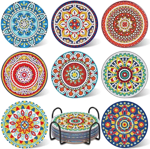 UPINS 8 piezas de kits de pintura de arte de diamante con mandala, posavasos de arte de diamante con soporte, kits de arte de diamante Mandala azul