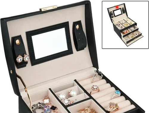 Miniatura 5 de Caja de joyas de piel Goldwheat con cerradura y espejo. Excelente regalo para mujeres., Cuero sintético, Negro, M