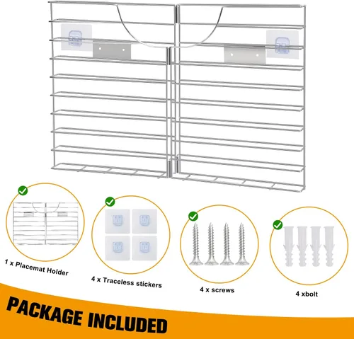 Miniatura 4 de YeeBeny Soporte para manteles individuales, archivo de pared de bolsillo individual Acero Organizador de cocina, soporte para manteles