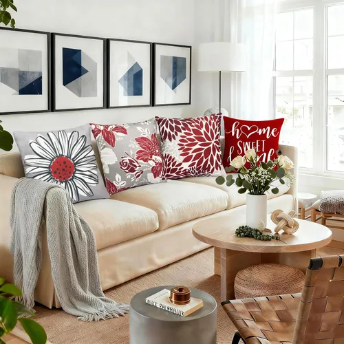 Miniatura 3 de Juego de 4 fundas de almohada decorativas de tiro de color rojo vino de 22 x 22 pulgadas, fundas de cojín cuadradas de lino, fundas de almohada Vino