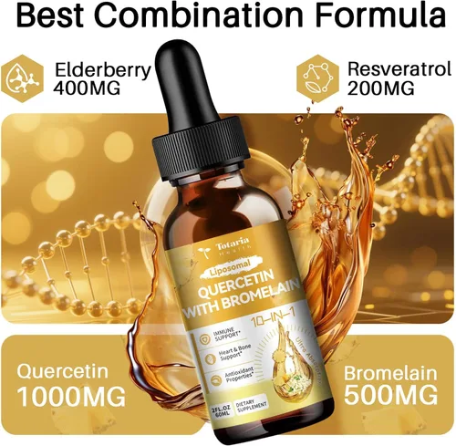 Miniatura 2 de Totaria Quercetina liposomal con gotas líquidas de bromelina, quercetina de alta absorción de 1000 mg y bromelina 500 mg más saúco, vitamina C, zinc