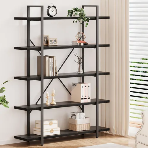 Miniatura 3 de HSH Estantería negra de 5 niveles de alto, estante de almacenamiento de madera y metal, estantería industrial moderna Etagere de 5 estantes, estante