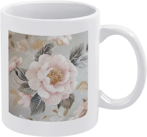 Taza Cofee con diseño de peonías de color rosa, dorado, gris, para café, vintage, peonía, acuarela, estética, día de la madre, cumpleaños, Navidad,