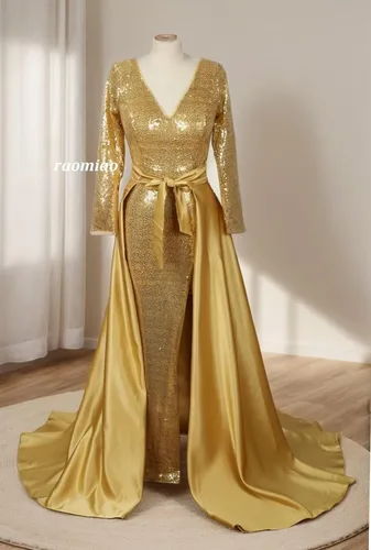 Miniatura 4 de Vestido de fiesta de lentejuelas de manga larga con cuello en V, vestido de fiesta dividido de satén con cola desmontable, vestido de noche formal