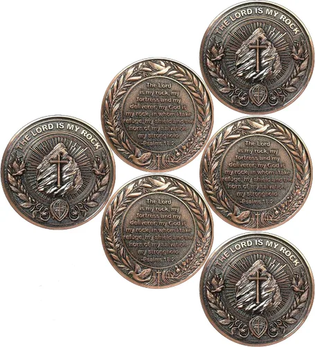 Miniatura 7 de Moneda inspiradora de desafío cristiano, The Lord is My Rock, aleación de zinc, 1.57 pulgadas de diámetro, Escritura del Salmo 18:2, funda Moneda