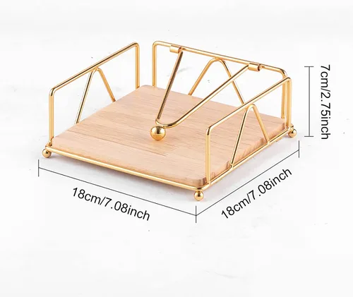 Miniatura 4 de Servilletero plano de metal con brazo pesado y base de madera, dispensador de servilletas para cocina, mesa de comedor, restaurantes, encimera Dorado