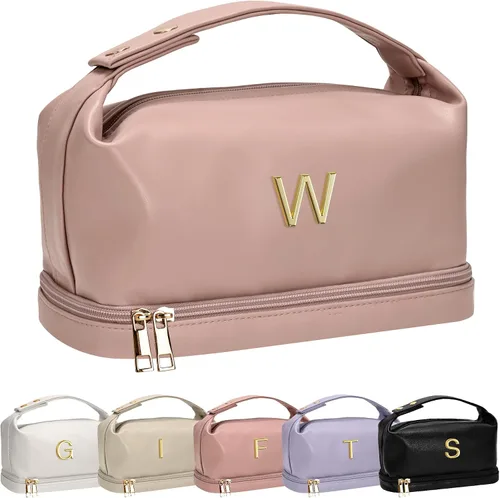 Miniatura 62 de Bolsa de maquillaje con asa, bolsa de cosméticos impermeable de doble capa, bolsas de maquillaje de cuero PU de gran capacidad con letra, bolsa