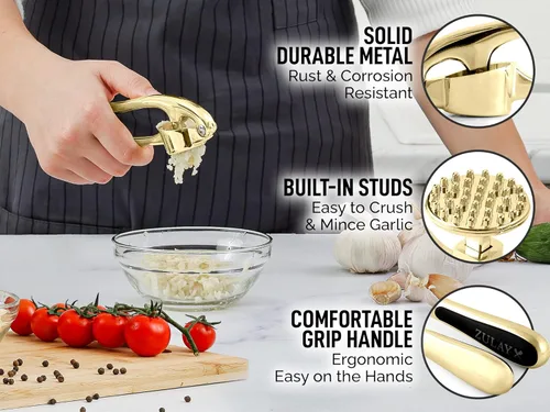 Miniatura 7 de Zulay Kitchen - Prensa de ajo prémium con mango suave y fácil de apretar, con pelador de ajo de silicona y cepillo de limpieza, de 3 piezas, Oro