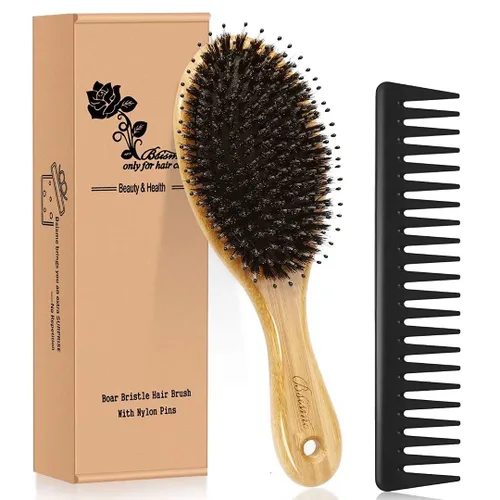Juego de Cepillo y Peine con Cerdas de Jabalí para Cabello Rizado, Grueso, Largo, Fino, Seco y Húmedo, el Mejor Cepillo Desenredante de Paleta de