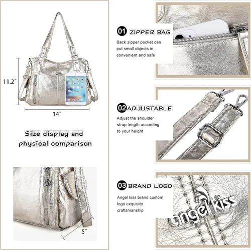 Miniatura 8 de Angel Kiss Bolsos para mujer con tiras en la parte superior, bolso estilo Hobo, bolsas de hombro espaciosas y casuales, cartera estilo Tote de PU