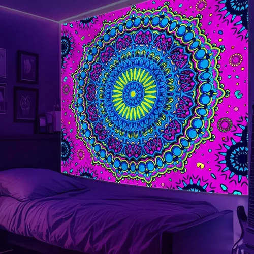 Miniatura 18 de Apdidl Tapiz bohemio de mandala negro para estética de dormitorio, decoración hippie, astrología espacial, arte de pared, tapices de techo, manta