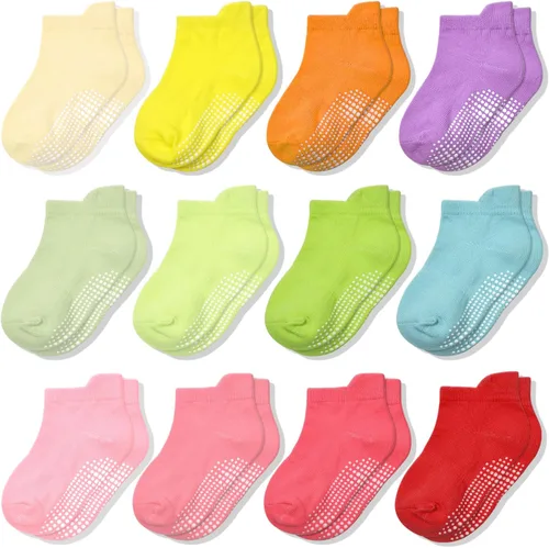 Miniatura 10 de ELUTONG - Calcetines antideslizantes para niños pequeños, paquete de 12 pares, calcetines de tobillo con agarre para bebés, niños y niñas de 0 a 7