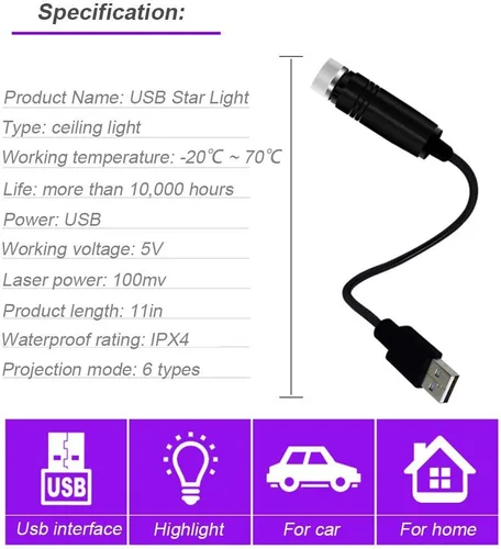 Miniatura 2 de Lámpara USB de Noche, Proyector de Estrellas, Luz Nocturna Ajustable, Luces Interiores Románticas en Rojo para Auto, Luces de Techo Portátiles