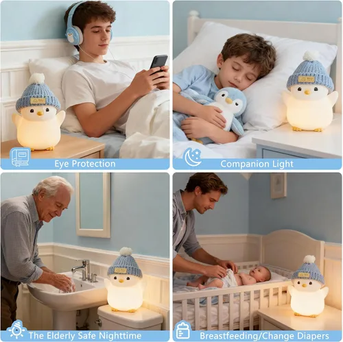 Miniatura 5 de FAMIDUO Luz nocturna de pingüino para niños, adorable lámpara de pingüino con sombrero, luz nocturna de silicona de grado alimenticio, recargable