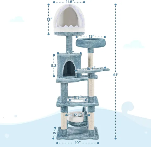 Miniatura 7 de Yaheetech Árbol para gatos con temática oceánica de 61 pulgadas de alto, torre para gatos de varios niveles con nido en forma de boca de tiburón