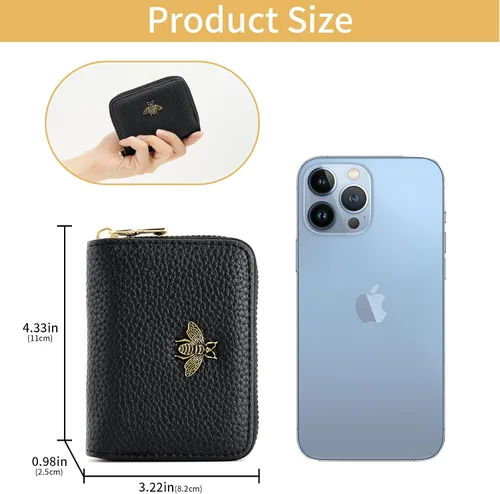 Miniatura 3 de WOZEAH Tarjetero de cuero para mujer, cartera con bloqueo RFID, con cremallera, tarjetero, para negocios, Negro, Sólido