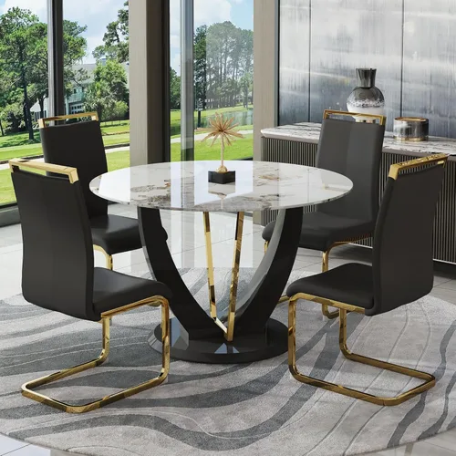 Miniatura 67 de JUFU Juego de mesa de comedor redonda para 4, mesa de comedor de 48 pulgadas con mesa de mármol sintético y 4 sillas tapizadas, moderno juego