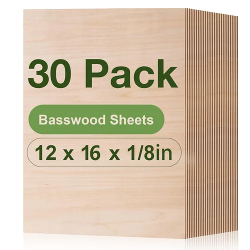 Miniatura 34 de Paquete de 12 hojas de tilo Rowood, 12x12x1/8pulgadas, tilo de 3mm para corte láser, kits de manualidades para adultos, tablero de madera