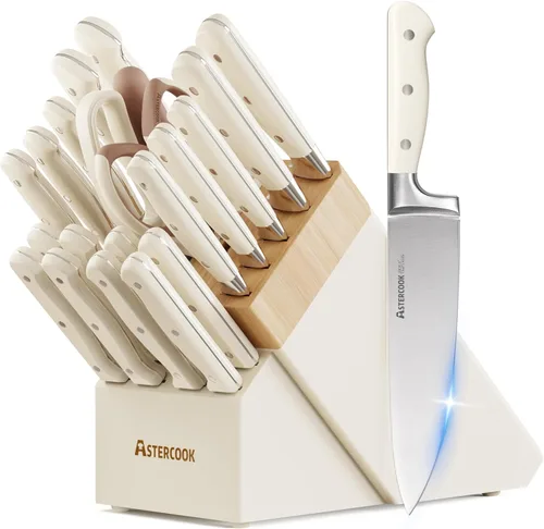 Astercook Juego de cuchillos de cocina con bloque, 22 piezas, cuchillos de acero inoxidable de espiga completa con afilador, aptos para lavavajillas