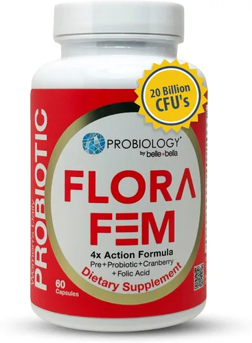 Belle+Bella Probiology Flora Fem - Probióticos diarios para mujeres - Prebiótico de acción 4X + probiótico + arándano + ácido fólico para la salud
