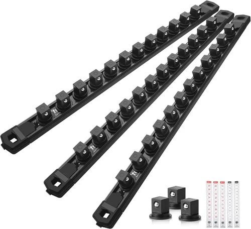 Miniatura 11 de Reniteco Juego de organizador de enchufes magnéticos, 3 piezas de 1/2 pulgada 3/8 pulgadas 1/4 pulgadas de aleación de aluminio con 40 clips Negro