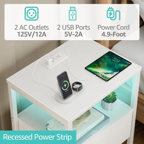 Miniatura 5 de BOLUO - Mesita de noche blanca con estación de carga, mesita de noche LED con cajones de tela y estante, mesa de cabecera con puertos USB y tomas