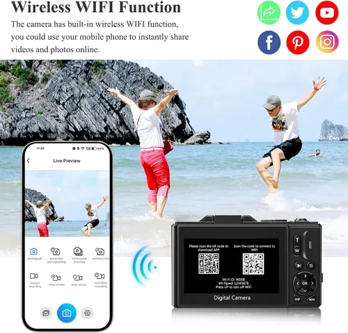 Miniatura 3 de Cámara digital 4K para fotografía, cámara de vlogging de 64 MP para YouTube, cámaras de vlog WiFi con zoom digital de 18X, pantalla abatible de 3