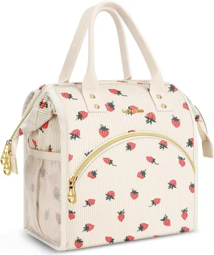 Miniatura 9 de Bolsa de almuerzo aislada para mujer, bolsa de almuerzo de apertura amplia, soporte grande para bebidas, organizador térmico de nailon duradero