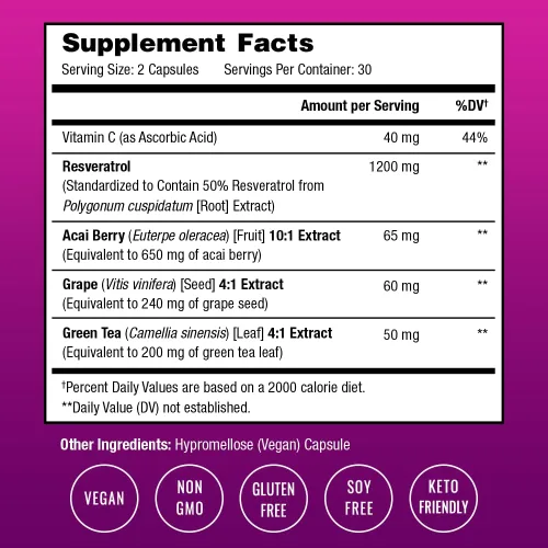 Miniatura 3 de Suplemento de resveratrol Fórmula extra fuerte de 1400 mg para un envejecimiento saludable, apoyo inmunológico y salud cardíaca 60 cápsulas