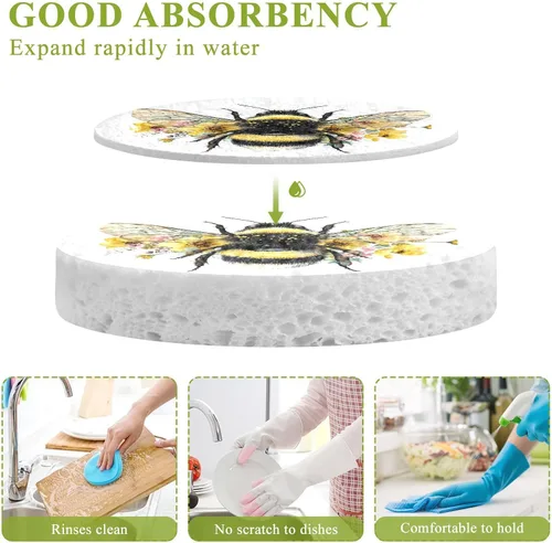 Miniatura 3 de Kcldeci Paquete de 3 esponjas de cocina esponjosas, esponjas de cocina de abejorro, esponja de microfibra antiarañazos para limpieza del hogar
