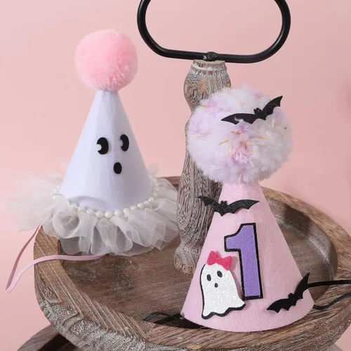 Miniatura 5 de Sombrero de fantasma rosa de Halloween para primer cumpleaños con murciélagos, corona espeluznante de un cumpleaños, bonita decoración de Halloween